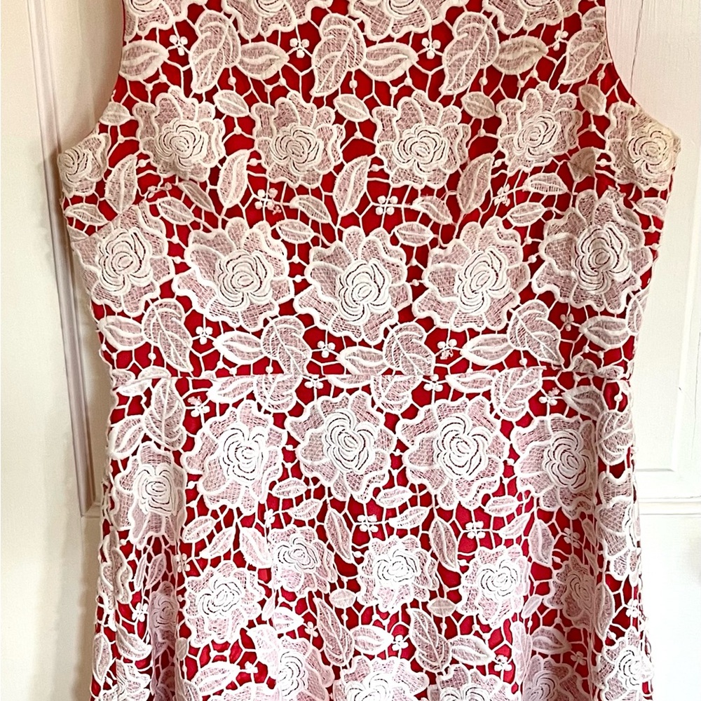 Karl Lagerfeld Coral-Red Dress with White Lace Trim